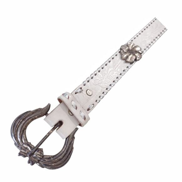Jill Stewart Accessories - Western Tooled Leather Belt Size L Metallic Silver Braid with Flower Hardware
